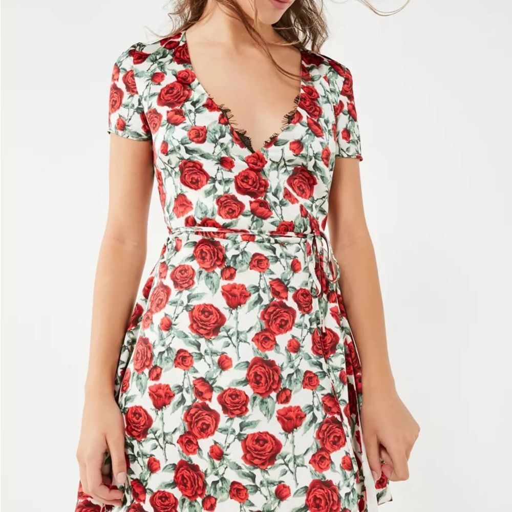 Wyldr London red white floral satin Cherry Rose Mini Wrap Dress